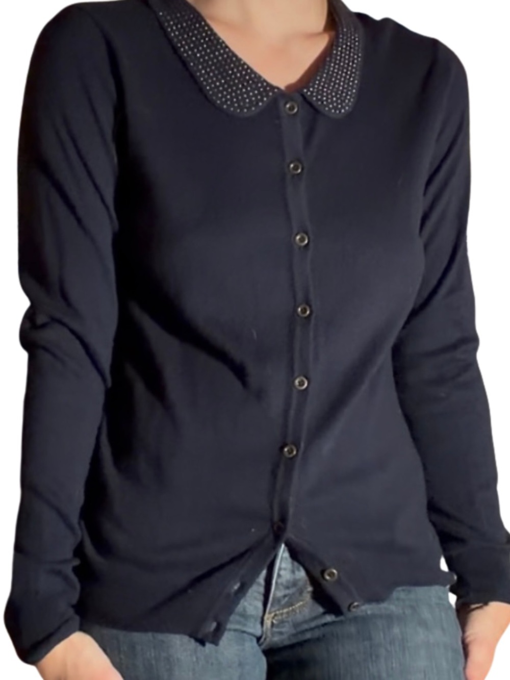 Women's Navy Button-Front Sweater with Decorative Collar